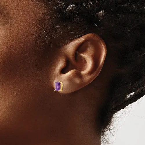 14k Gold 7x5mm Emerald Cut Amethyst Earrings