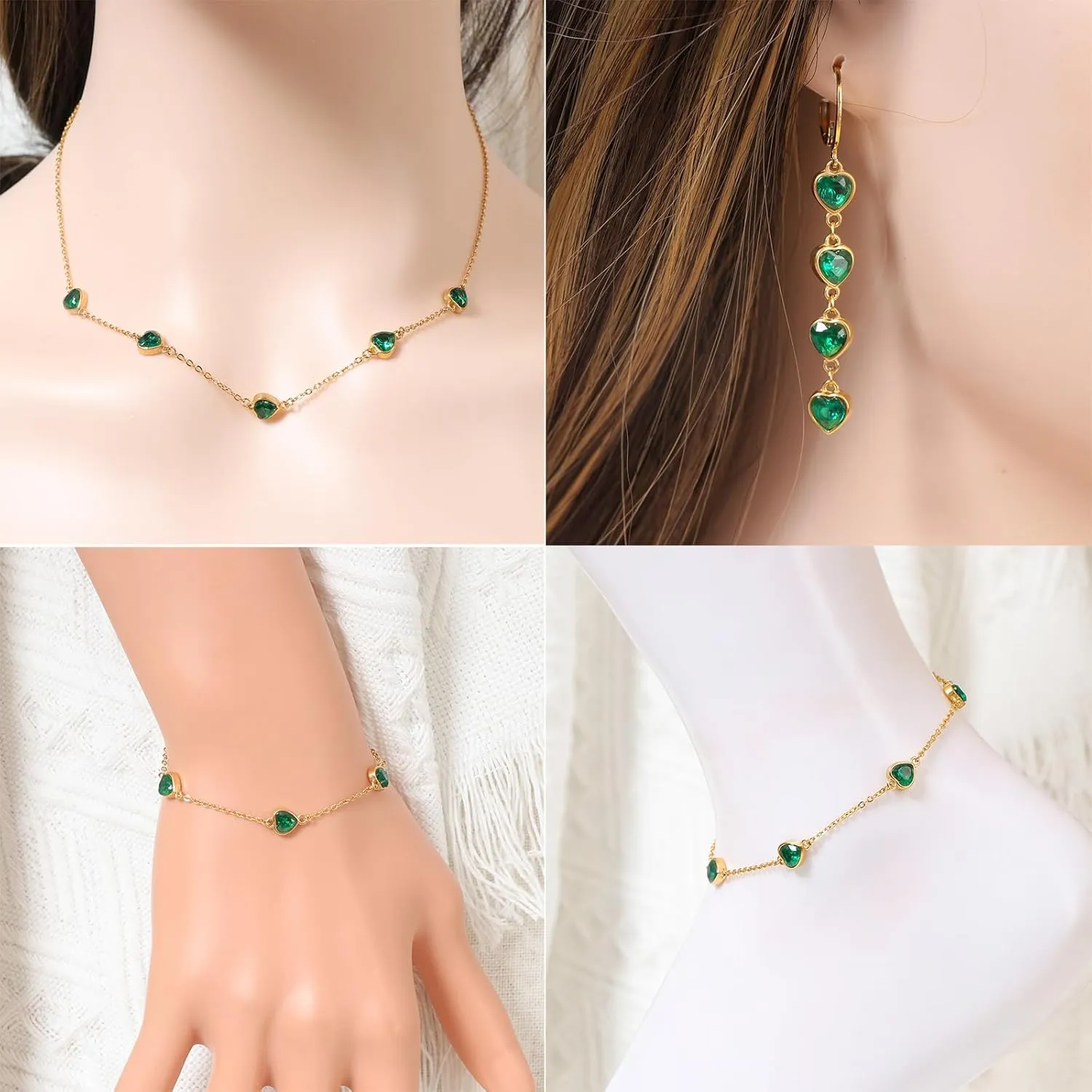 18k/14k Gold Plated Jewelry Set for Women 4/2 Pcs Emerald-cut/Heart/Cushion-cut Cubic Zirconia Necklace Earring Bracelet Anklet Set Birthstone Jewelry Wife Mother Wedding Prom Birthday Gift