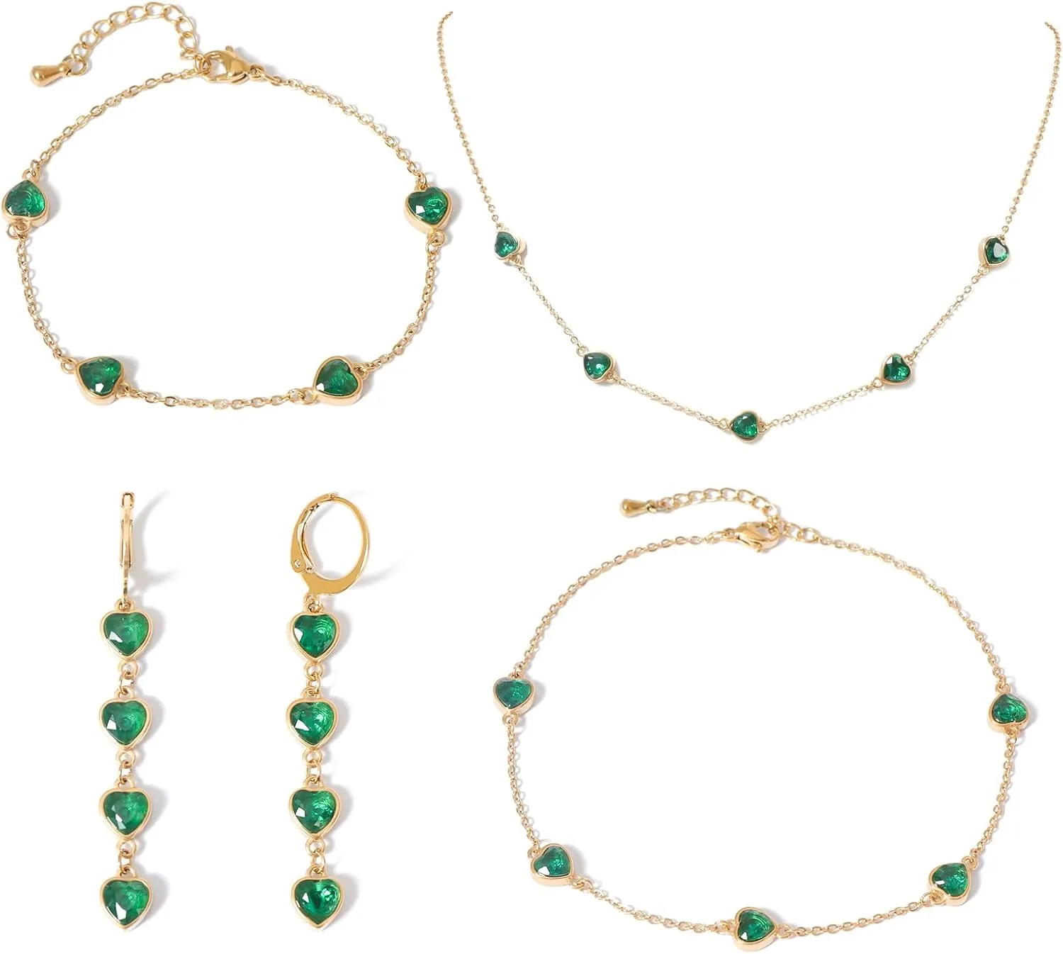 18k/14k Gold Plated Jewelry Set for Women 4/2 Pcs Emerald-cut/Heart/Cushion-cut Cubic Zirconia Necklace Earring Bracelet Anklet Set Birthstone Jewelry Wife Mother Wedding Prom Birthday Gift
