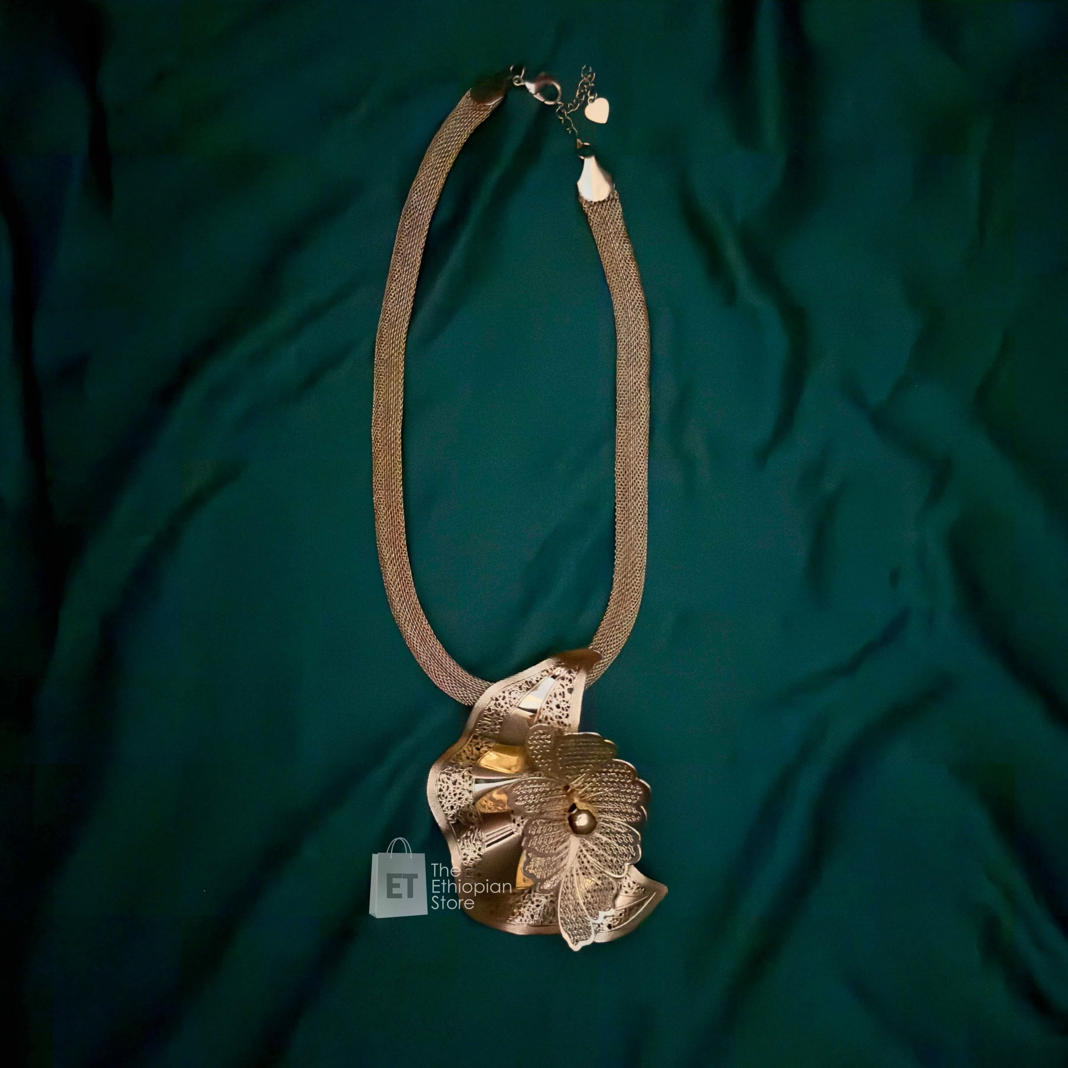 2-Piece Warm Golden Colored Floral Ethiopian Jewelry Set Habesha Jewelry including Necklace and Earrings