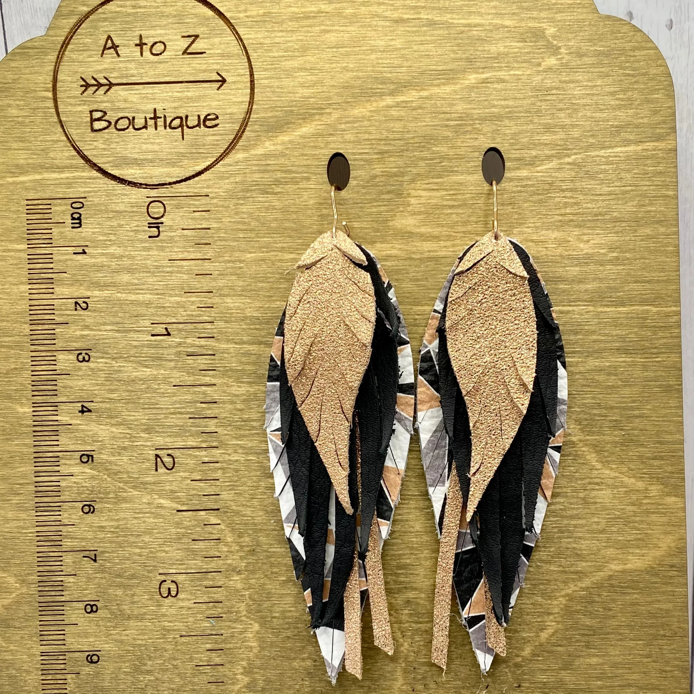 Black and Rose Gold Geometric Genuine Leather Feather Earrings