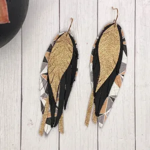 Black and Rose Gold Geometric Genuine Leather Feather Earrings