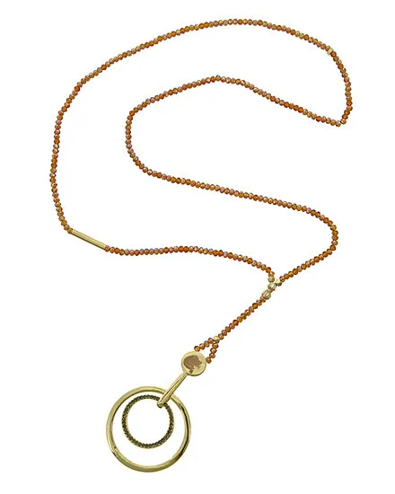 Brown Glass & Black Diamond Rhinestone Y-neck Long Necklace Gold Tone