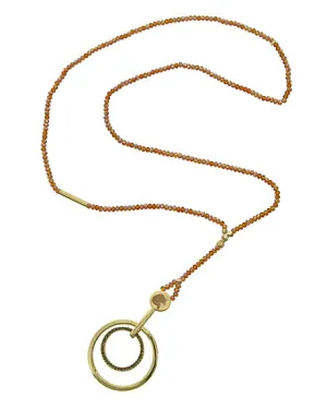 Brown Glass & Black Diamond Rhinestone Y-neck Long Necklace Gold Tone
