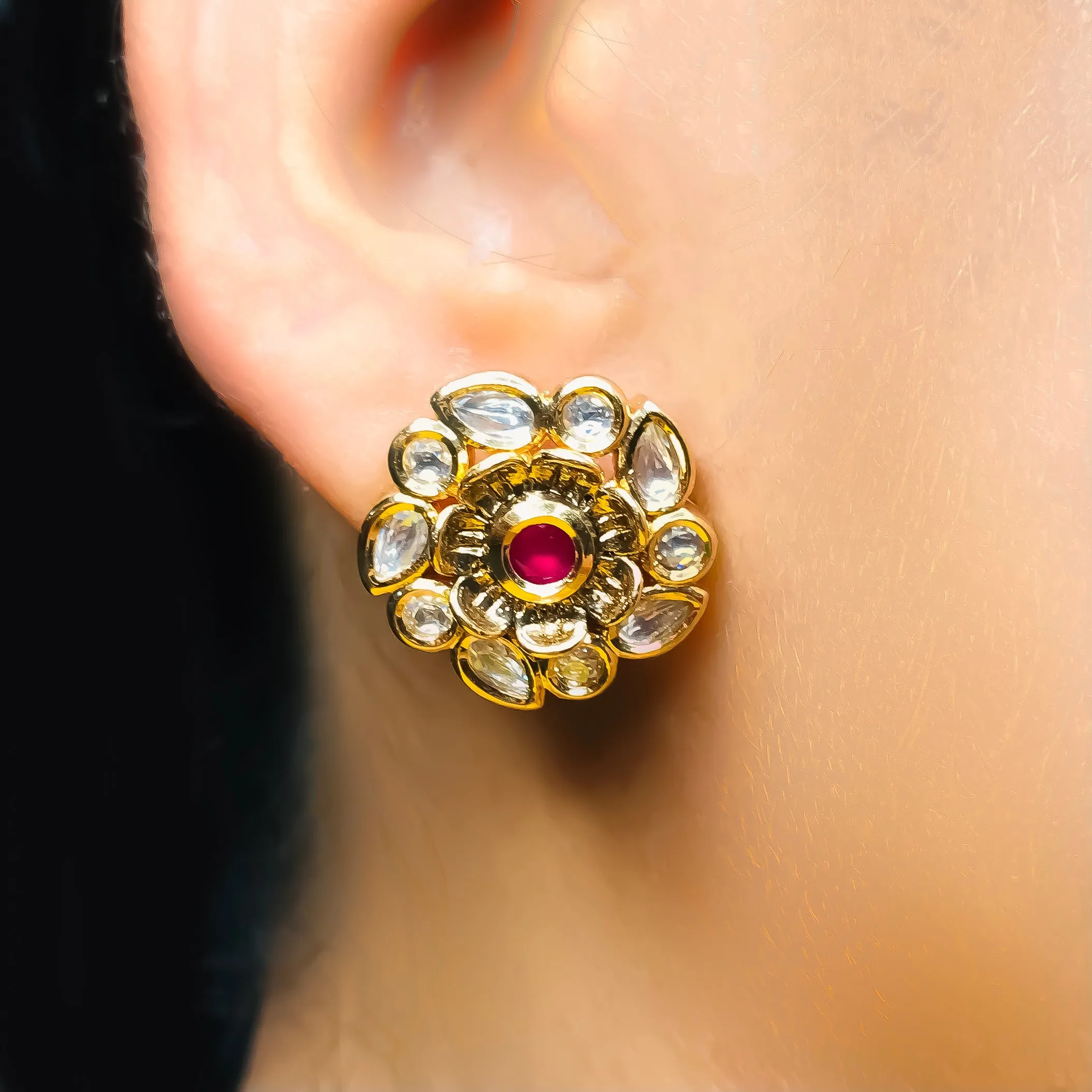 Designer Royal Kundan & Ruby Gold-Plated Studs
