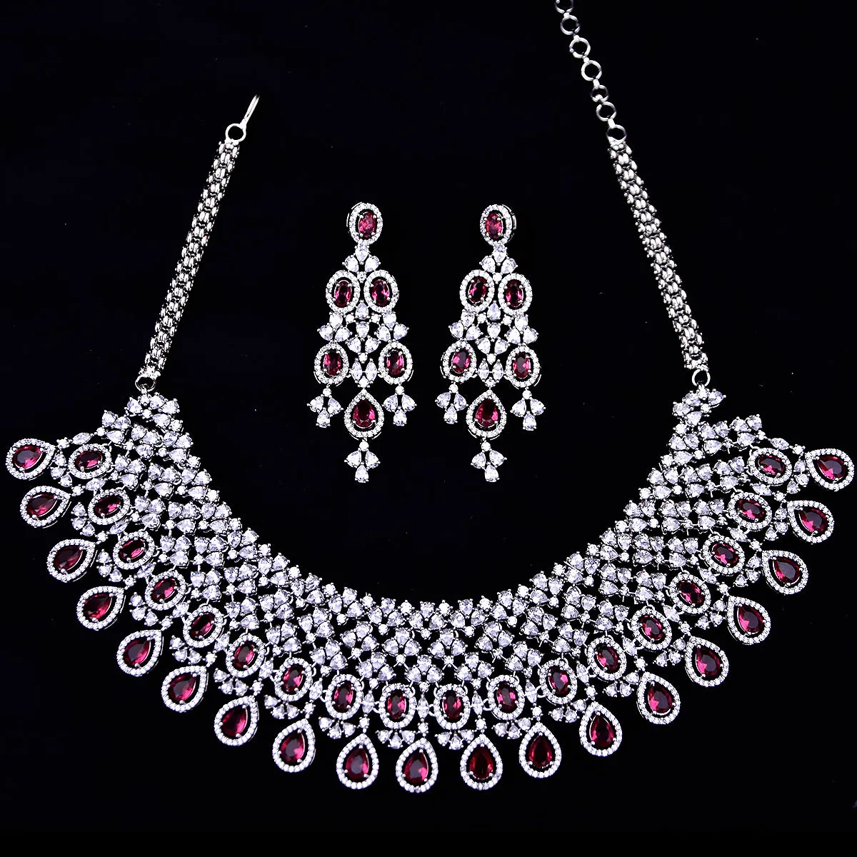 Designer Semi-Precious American Diamond & Ruby Necklace with Earrings (D464)