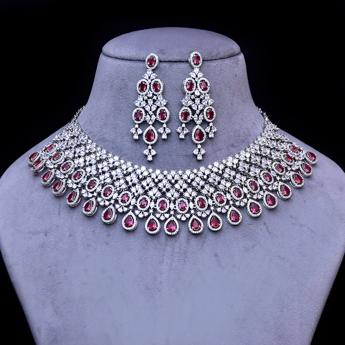 Designer Semi-Precious American Diamond & Ruby Necklace with Earrings (D464)