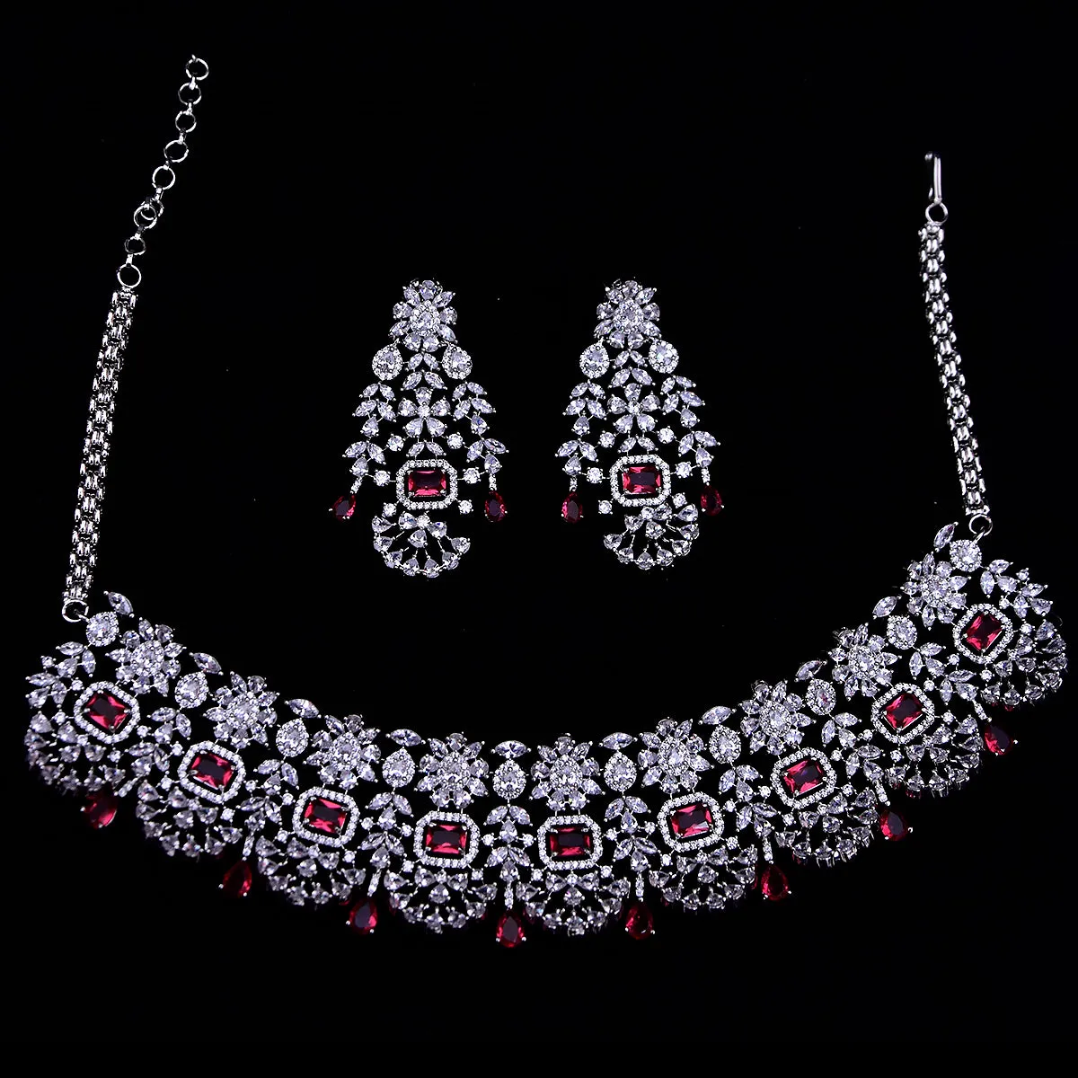 Designer Semi-Precious American Diamond & Ruby Necklace with Earrings (D474)