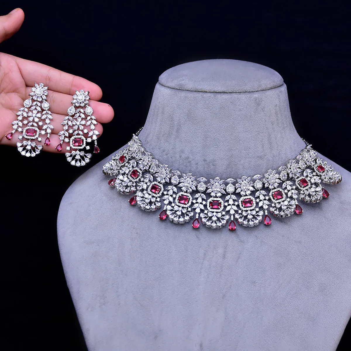 Designer Semi-Precious American Diamond & Ruby Necklace with Earrings (D474)