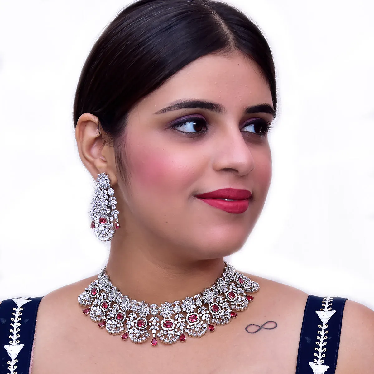 Designer Semi-Precious American Diamond & Ruby Necklace with Earrings (D474)