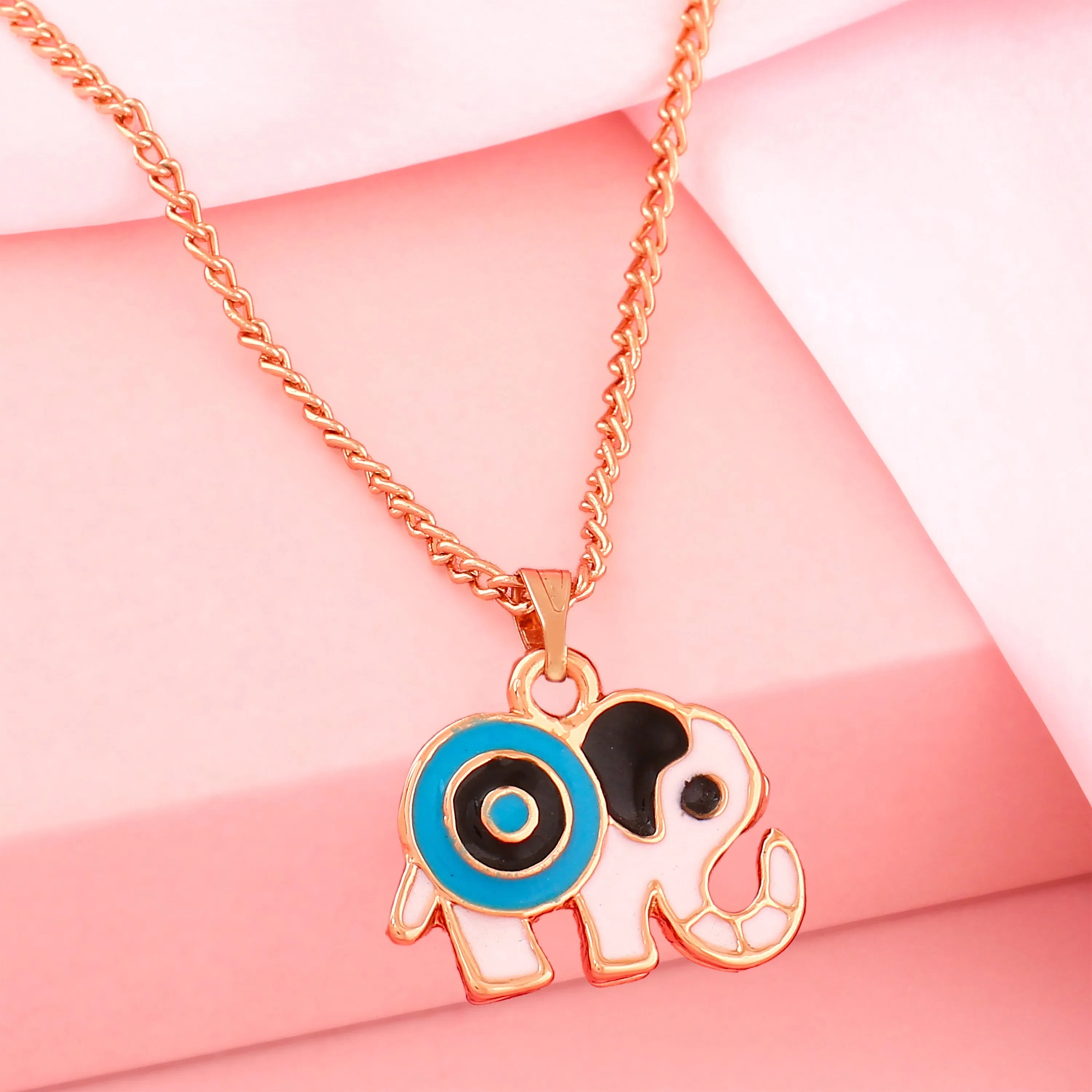 Estele Rose Gold Plated Elephant Designer Evil Eye Charm Pendant with Black & Turkish Blue Enamel for Girls/Women