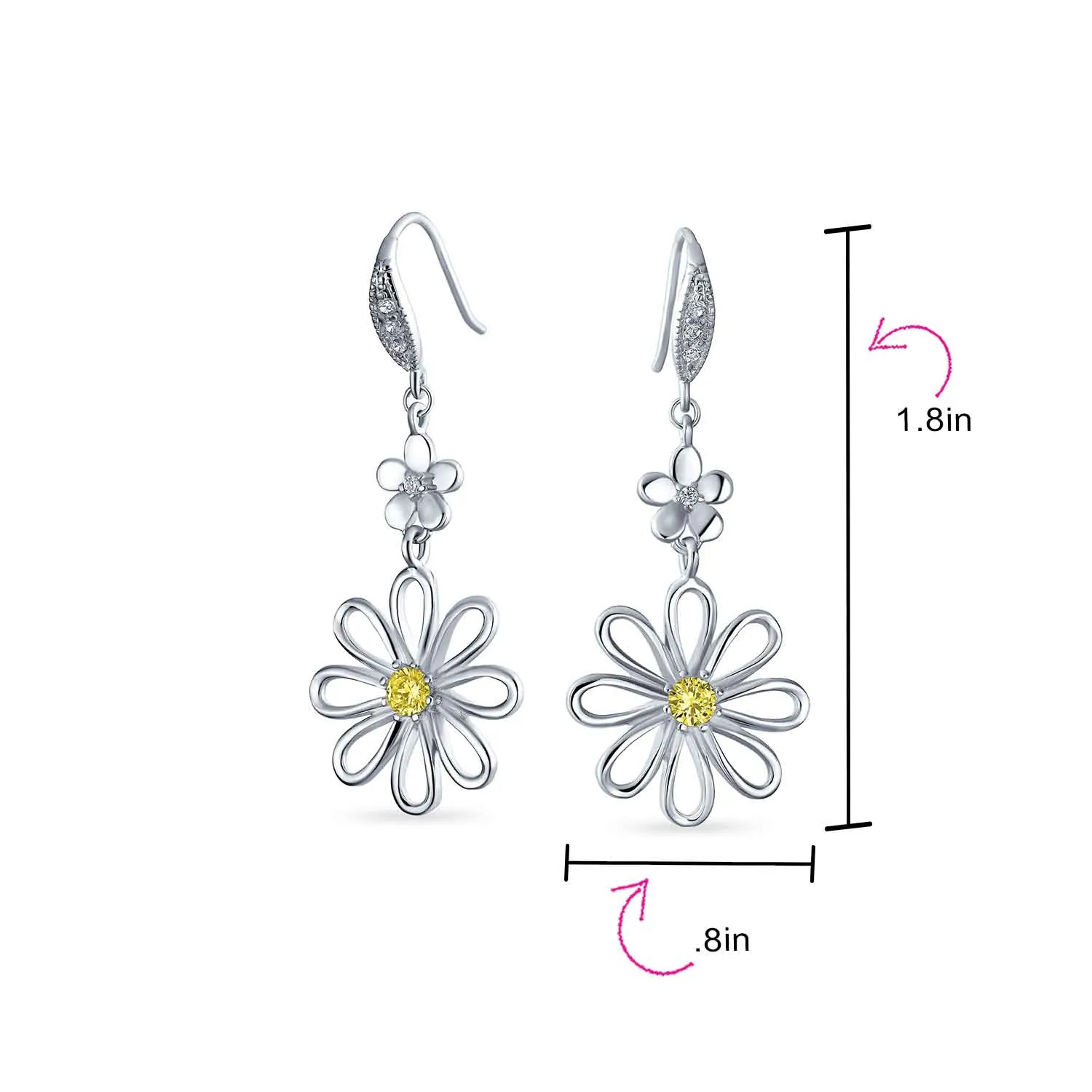 Floral Garden Wedding Canary Yellow CZ Daisy Dangle Chandelier Earrings Silver