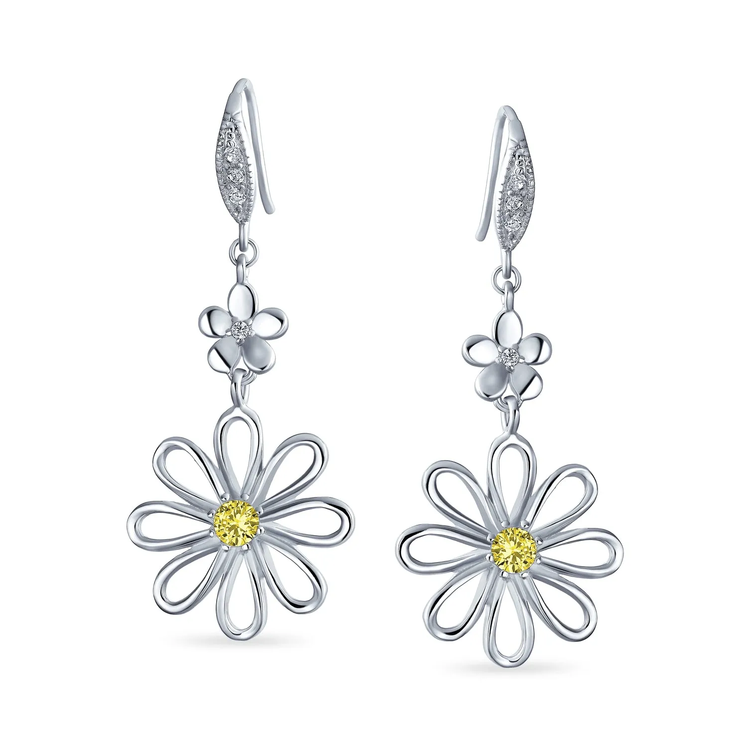 Floral Garden Wedding Canary Yellow CZ Daisy Dangle Chandelier Earrings Silver