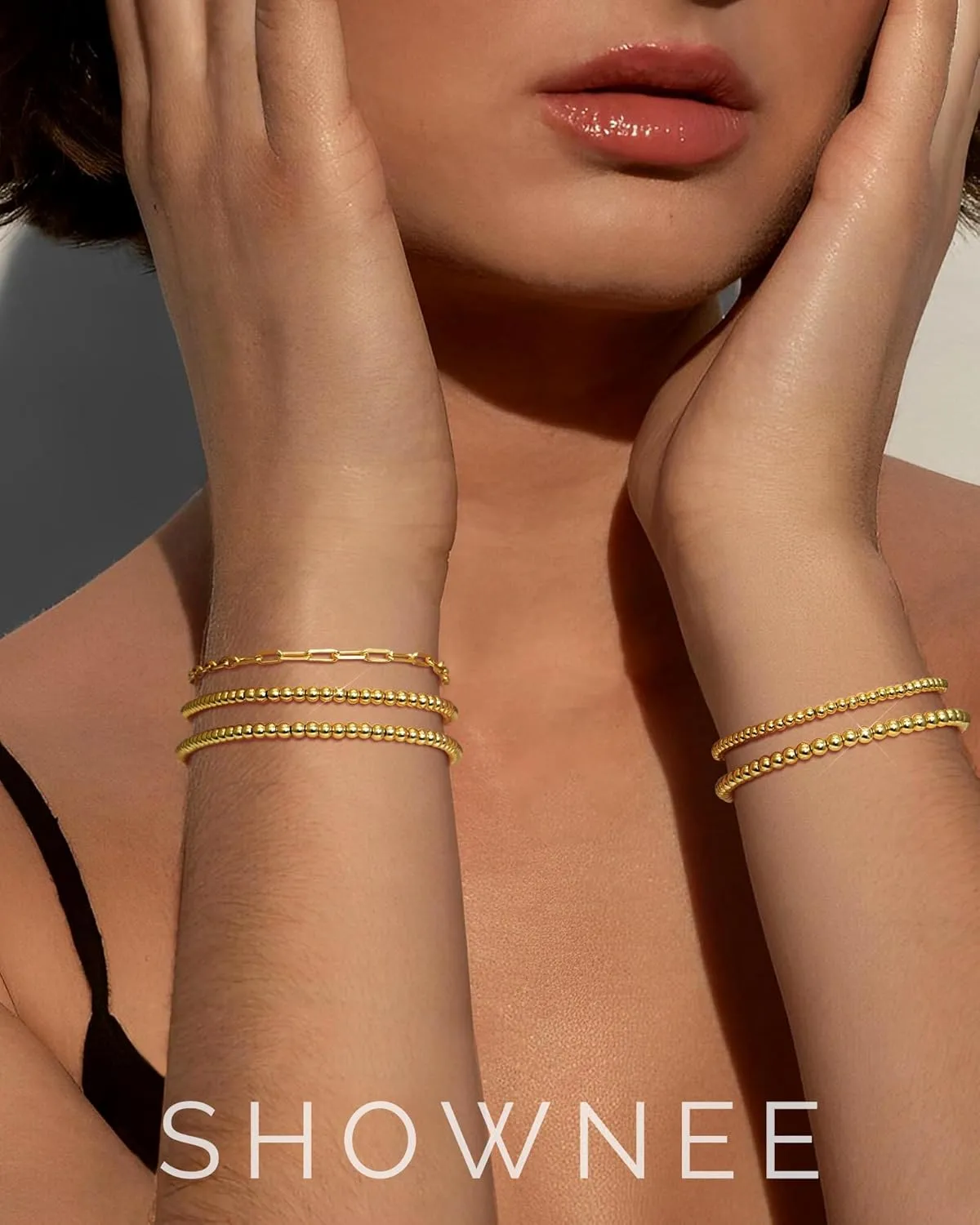 Gold Beaded Bracelet for Women 14K Gold Plated Bracelets Gold Stretch Bead Ball Bracelets Hypoallergenic Stackable Bracelet Set