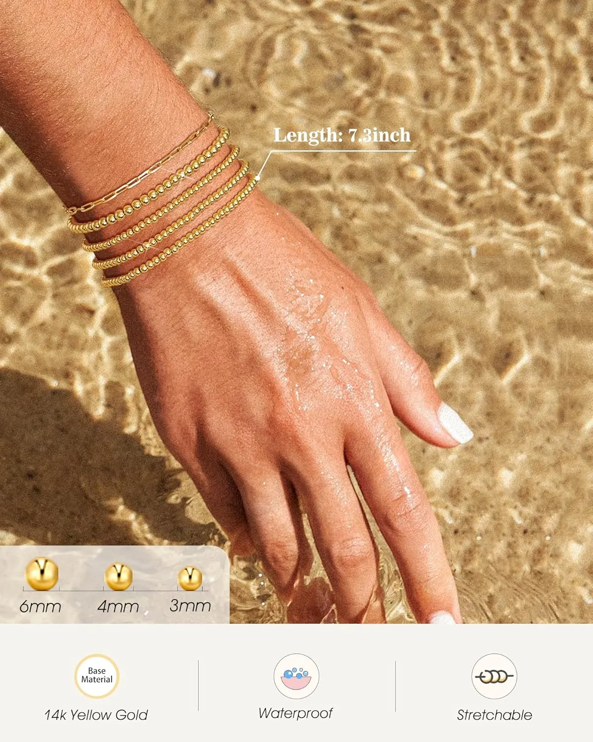 Gold Beaded Bracelet for Women 14K Gold Plated Bracelets Gold Stretch Bead Ball Bracelets Hypoallergenic Stackable Bracelet Set