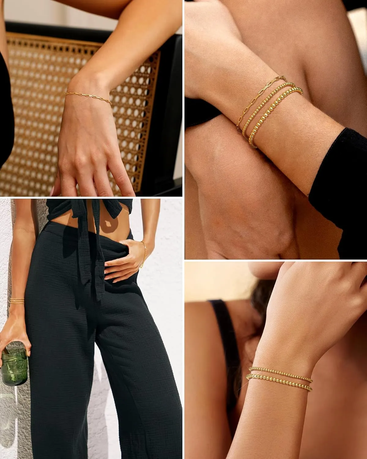 Gold Beaded Bracelet for Women 14K Gold Plated Bracelets Gold Stretch Bead Ball Bracelets Hypoallergenic Stackable Bracelet Set