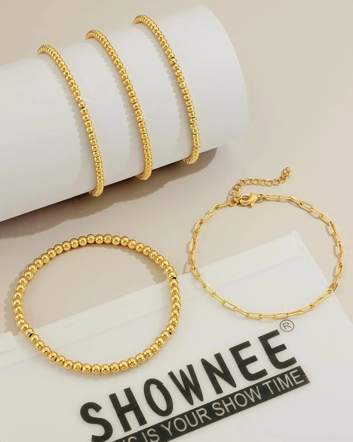 Gold Beaded Bracelet for Women 14K Gold Plated Bracelets Gold Stretch Bead Ball Bracelets Hypoallergenic Stackable Bracelet Set