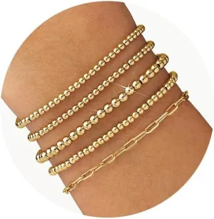 Gold Beaded Bracelet for Women 14K Gold Plated Bracelets Gold Stretch Bead Ball Bracelets Hypoallergenic Stackable Bracelet Set