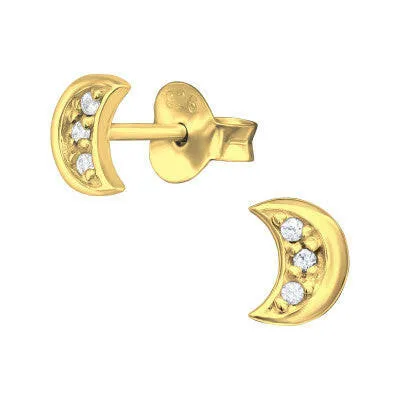 Gold Plated Sparkly Moon Earring Studs - Sterling Silver Luxury