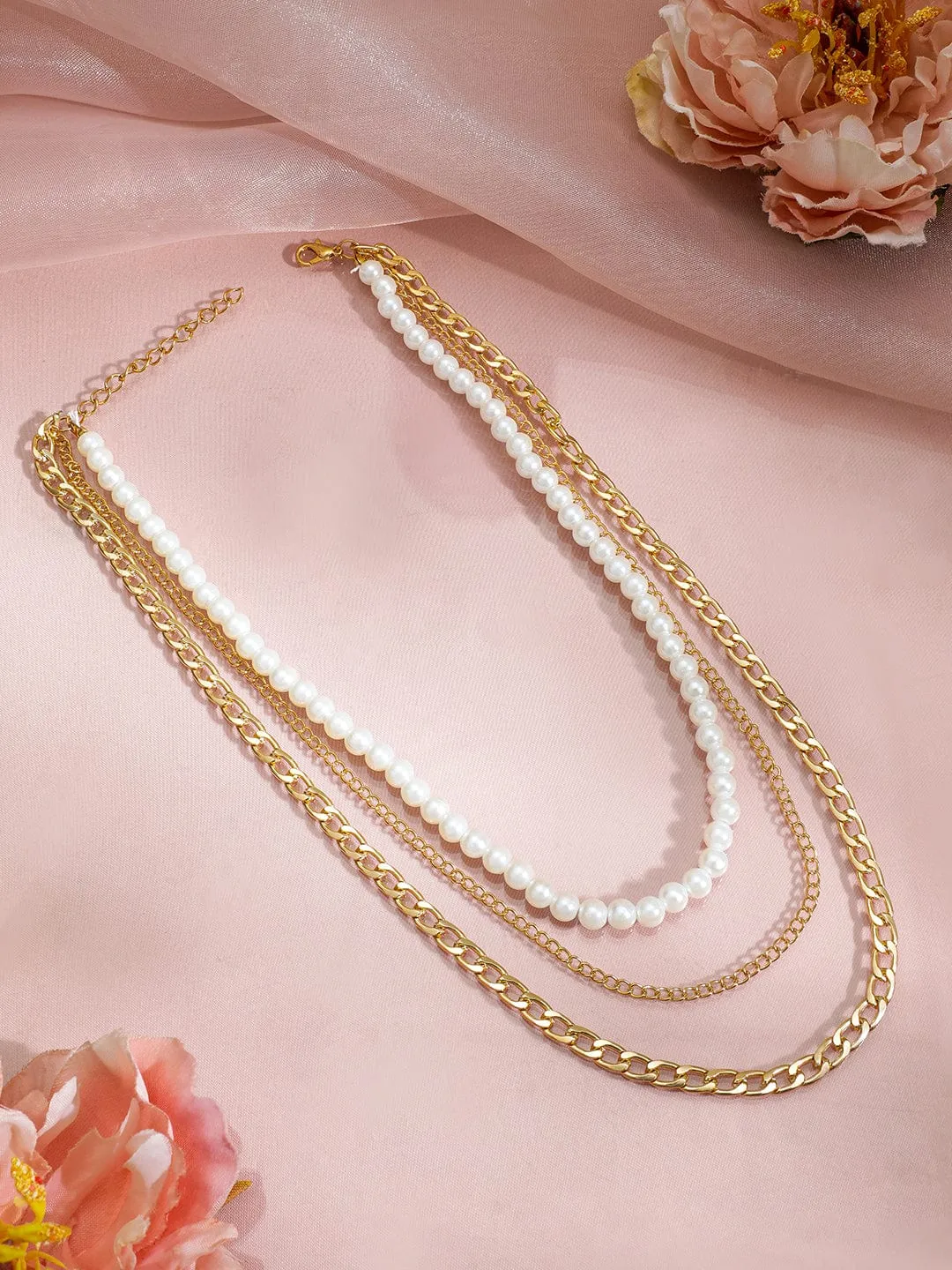 Gold Plated White Beaded & Link Chain 3 Layered Neckalce