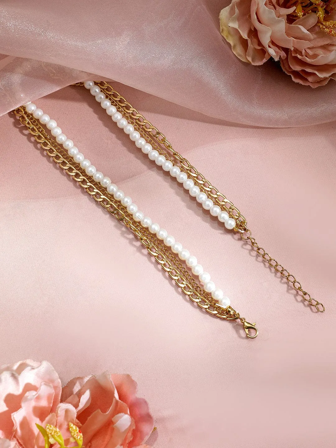 Gold Plated White Beaded & Link Chain 3 Layered Neckalce