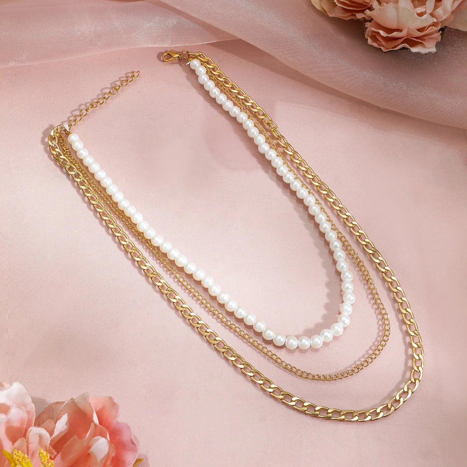 Gold Plated White Beaded & Link Chain 3 Layered Neckalce
