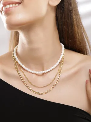 Gold Plated White Beaded & Link Chain 3 Layered Neckalce
