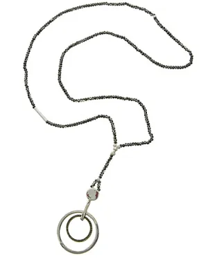 Hematite Glass & Black Diamond Rhinestone Y-neck Long Necklace Silver Tone