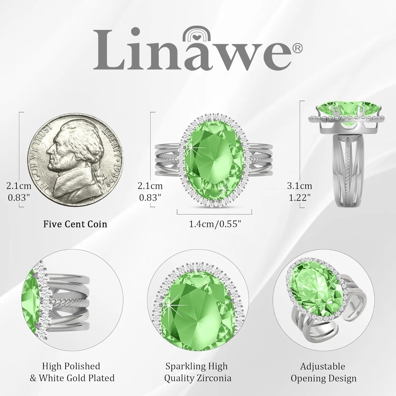 Linawe Birthstone Chunky Adjustable Rings for Women, Gold/Silver/Rose Gold Statement Rings, Imitation Diamond Fake Gemstone Crystal Cocktail Ring, Cubic Zirconia Costume Jewelry