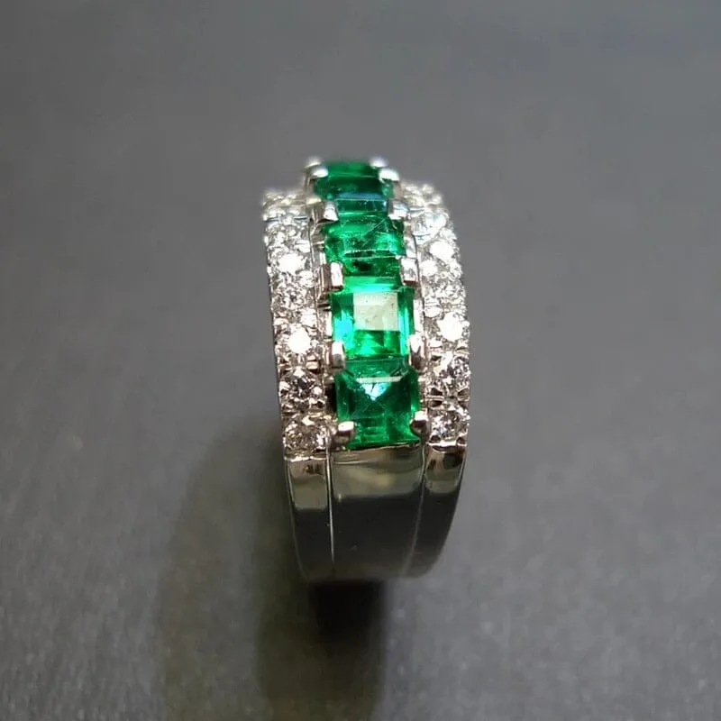 Princess Square Cut Emerald Silver Ring