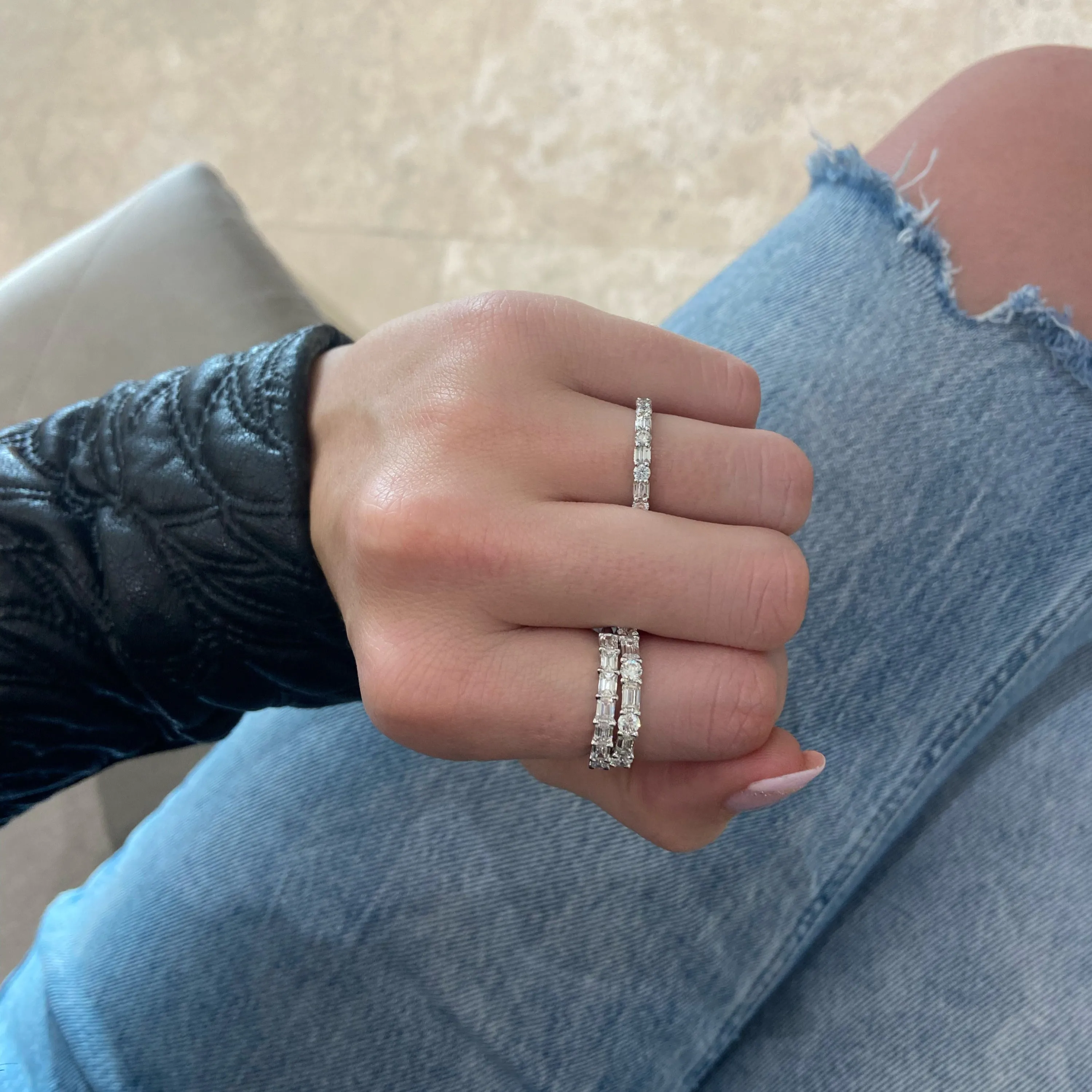 Round & Double Baguette Diamond Wedding Band